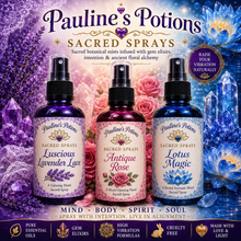 Load image into Gallery viewer, Pauline’s Potions Sacred Sprays collection featuring Luscious Lavender Lace, Antique Rose, and Lotus Magic botanical sprays
