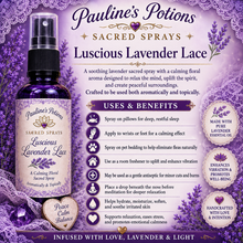 Load image into Gallery viewer, Luscious Lavender Lace sacred spray by Pauline’s Potions with calming lavender floral design and purple mystical aesthetic