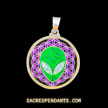 Load image into Gallery viewer, Alien in Flower of Life Sacred Geometry Pendant in Sterling Silver with Gemstones, Symbolizing Cosmic Connection and Universal Balance.