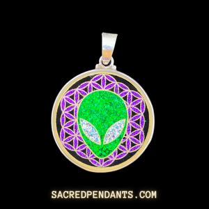 Alien in Flower of Life Sacred Geometry Pendant in Sterling Silver with Gemstones, Symbolizing Cosmic Connection and Universal Balance.