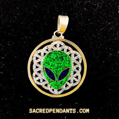Alien in Flower of Life Sacred Geometry Pendant in Sterling Silver with Gemstones, Symbolizing Cosmic Connection and Universal Balance.