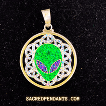 Load image into Gallery viewer, Alien in Flower of Life Sacred Geometry Pendant in Sterling Silver with Gemstones, Symbolizing Cosmic Connection and Universal Balance.