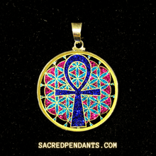Load image into Gallery viewer, Ankh in Flower of Life Sacred Geometry Pendant in Sterling Silver with Gemstone, Symbolizing Eternal Life and Universal Balance.
