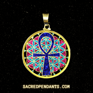 Ankh in Flower of Life Sacred Geometry Pendant in Sterling Silver with Gemstone, Symbolizing Eternal Life and Universal Balance.