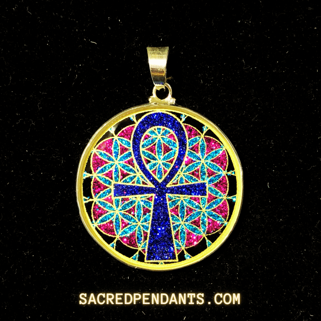 Ankh in Flower of Life Sacred Geometry Pendant in Sterling Silver with Gemstone, Symbolizing Eternal Life and Universal Balance.