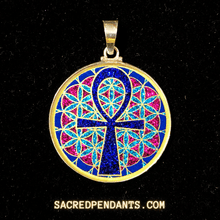 Load image into Gallery viewer, Ankh in Flower of Life Sacred Geometry Pendant in Sterling Silver with Gemstone, Symbolizing Eternal Life and Universal Balance.