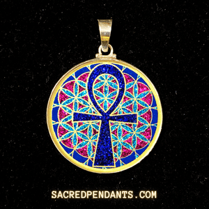 Ankh in Flower of Life Sacred Geometry Pendant in Sterling Silver with Gemstone, Symbolizing Eternal Life and Universal Balance.