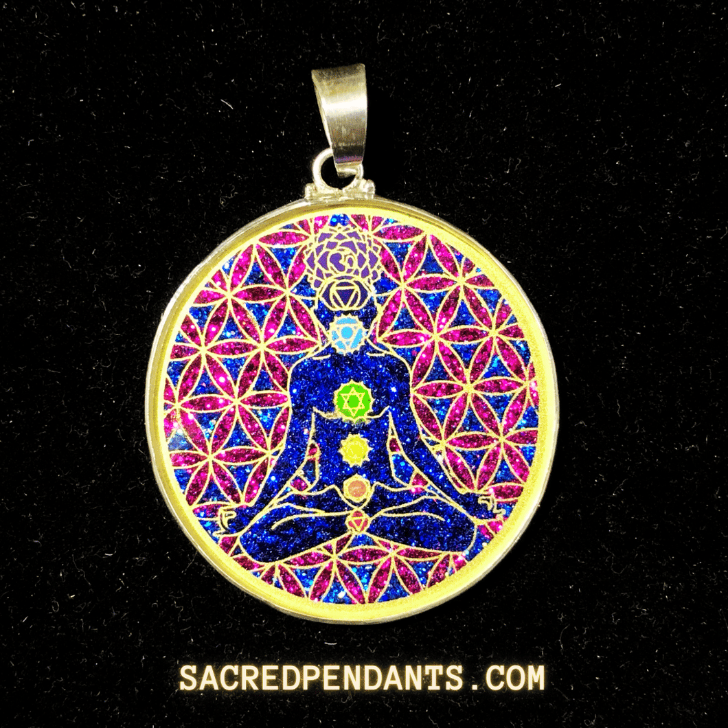 Chakra Man Sacred Geometry Pendant – Sterling Silver Gemstone Necklace Representing Chakra Alignment.