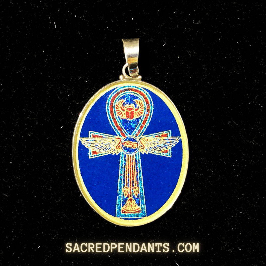 Egyptian Cross Sacred Geometry Pendant – Sterling Silver Gemstone Necklace Featuring Ancient Egyptian Symbols.